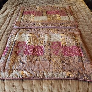 2 Ornate Patchwork Brocade Quilted Pillow Shams Burgundy Gold 26x32 Croscill